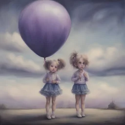 Surreal painting of 2 little girls, jeans and tutu, big eyes, the sky in the background, à purple balloon