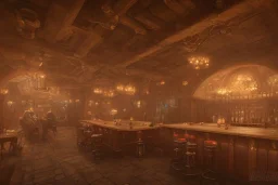 fantasy setting, a tavern, with a large dining room and a bar on one side. At the bar, a larger, older man with no hair is standing, conversing with a dwarf sitting in a bar stool on the other side. A large fireplace is lit in the center of the room. In addition to that, there are a handful of guests scattered around the room…