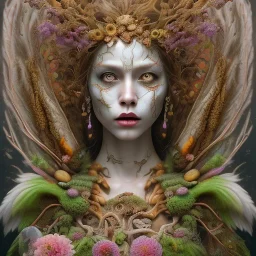 woolitize, frida, rusty metal, feathers, Dryad, fae, sidhe, ominous, nature, plants, wildflower, facepaint, dnd character portrait, intricate, oil on canvas, masterpiece, expert, insanely detailed, 4k resolution, retroanime style, cute big circular reflective eyes, cinematic smooth, intricate detail , soft smooth lighting, soft pastel colors, painted Renaissance style