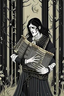 goth male necromancer with black hair playing a accordion in the style of Aubrey Beardsley