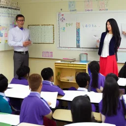 Classroom, teacher explaining, and students.