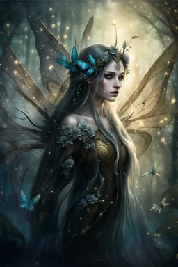 Blonde gold hair , dark gold ,dark Fairy wings,long hair,water lilies,dark fairy princess,nymph,elven crown,dragonflies,tiara,,gothic,glitter,rapunzel hair, very long hair, sparkle,night,