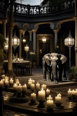 interior patio of a large house illuminated at night with candles and candelabras and in the middle of the patio an elephant, cinematogrphic image