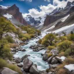 Los Glaciares National Park, Patagonia, Argentina, peaks with snow, river in th deeb canyon detailed trees with detailed branches an leaves and stones with moos in the foreground, phototralistic, summer, multicolors, blue sky with fluffy clouds, side view, from the top of a peak