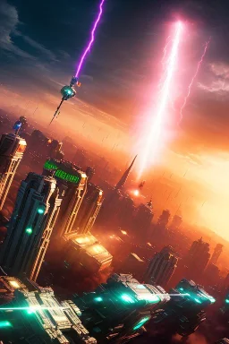 energy beam from the sky destroys a cyberpunk city, straight buildings, sharp edges, straight lines, architecture, sunset, ambience, eerie, 8k, wallpaper