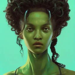 alien girl, cute, beautiful, long hair, curly hair, black hair, slim body, brown eyes, light green skin, turquoise dress, black tee shirt, green shorts, head and shoulders portrait, 8k resolution concept art portrait by Greg Rutkowski, Artgerm, WLOP, Alphonse Mucha dynamic lighting hyperdetailed intricately detailed