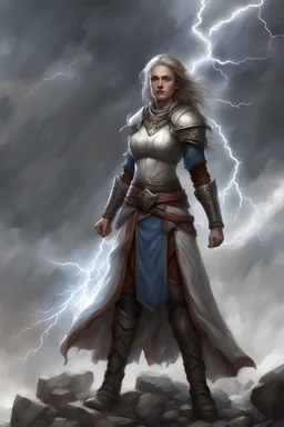 Female Human Cleric. “Hail pounding cobbled roofs into rubble, waves pulverizing rocks into pebbles, the crack of trees split by lightning, the crash of thunder, making the strongest men flinch... was there ever a more beautiful symphony?” You are a worshiper of destructive weather: an initiate devoted to the wrath of thunder and the divine justice of lightning. You may not be the most popular priest in your community, but few are foolish enough to risk your ire.