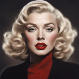 marilyn monroe, a blonde woman with short, wavy hair, is the focal point of the image. she's dressed in a dark brown turtleneck sweater, paired with a black hat and a black suit jacket. her lips are a vibrant red, and her eyes are a deep brown. her hair, a light shade of blonde, is styled in loose waves, adding a touch of whimsy to her appearance. in the background, a man with a black hat and a white shirt is visible..,bokeh like f/0.8, tilt-shift lens 8k, high de