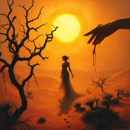 A dramatic surreal painting of a dusty desert mesa at twilight. A mysterious feminine figure emerges from the shadow of twisted creosote branches, her form entwined with thorny vines climbing slowly toward a blazing, boiling sun. Her skin is ethereal and dangerous; as a hand reaches to touch her, blood drips from the fingers. The atmosphere is haunting, poetic, and mythological. Use a painterly, cinematic style, with golden oranges, deep reds, dusty browns, and shimmering highlights. --v 7 --sty