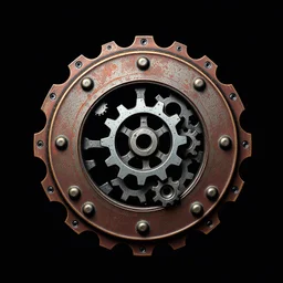 Background: A deep, matte black background that emphasizes the metallic elements and gives the logo a dramatic, industrial feel. Logo Design: Main Structure: A large, circular emblem made of rusty, weathered metal. The edges are thick and textured, with visible rivets holding the pieces together. Gears: Intricate gears of varying sizes are embedded into the metal, overlapping and interlocking in a dynamic, steampunk style. Some gears are partially broken or worn, adding to the aged aes