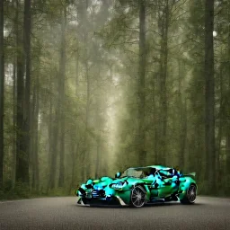 Centered, Single extremely detailed realistic Aston Martin sports car, moving on a detailed realistic road in dark woods, clear sky with visible planet, symetrical, HD, 4k, 8k, Car color= Dark green with black, Woods color=gray,black,dark green, Sky color= light blue and gray, lightning