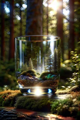 Create hyper-realistic photo of a glass tumbler in a wild forest. Inside, a miniature [Tehran] with landmarks. A trasparrent 3D text of [Tehran] blends naturally into the landscape . Soft bright daylight, reflections, and subtle imperfections like fingerprints. DSLR quality, sharp focus.