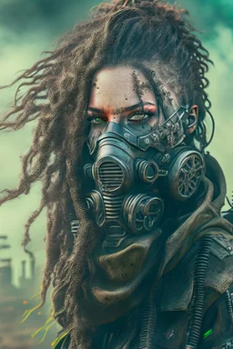 front facing full length grunge armored female, dreadlock hair cyberpunk vampire mercenary with gas mask, highly detailed with gritty post apocalyptic textures, toxic irradiated landscape, finely detailed facial features, photorealistic 8k render