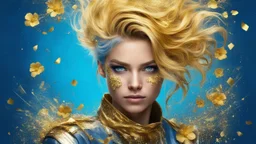 old worn paper, blue background, portrait punk woman, golden hair, flowers made of gold, golden fragments, silver particles, swirls, glare, glow from within, 8K, fine rendering, high detail, hyperrealism, high resolution, multi-layered, hyperdetail, hyperfocus,