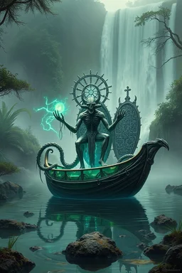 action figure of a crucified alien necrophyte electric eel necromancer on round swamp transparent glass obcidian boat beholder eye wheel throne in a charged foggy jungle starry waterfall