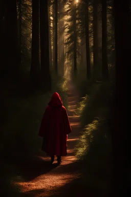 color photo of "Rot∙käppchen encountering the wolf in the forest" In the heart of the enchanting forest, the innocent Rot∙käppchen wanders along the dappled path, oblivious to the lurking danger. The sunlight filters through the tall trees, casting a warm glow on the scene. Suddenly, the menacing figure of the wolf emerges from the shadows, fixated on Rot∙käppchen. With a sly smile, the wolf gazes upon the unsuspecting girl, its intentions hidden behind a facade of false friendliness. Rot∙käppch