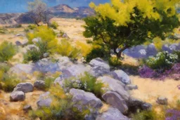 Sunny day, trees, flowers, rocks, arid land, vegetations, distant rocky mountains, sci-fi, willem maris, and konstantin korovin paintings