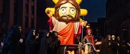cartoonish jesus parade balloon pulled by multiple grim reapers, multi colored, bright, vivid, psychedelic, high detailed, high gloss, insanely detailed, matte, horrorcore, lining the street, unsettling contrast, monument to death, live action shot grim reaper parade, pulling a jesus parade float