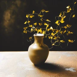 photo of a small cracked ceramic vase repaired with gold, kintsugi, beautiful, vines and leaves, rosebuds, delicate, cinematic, high detail, beautiful composition, delicate arrangement, aesthetic, soft lighting, award winning photography, tender