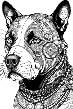 Steampunk Pitbull portrait, American Bully, faun champagne tri-colour, Line art, think the line, colouring book, black and white