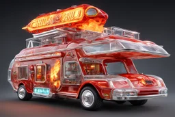 Futuristic crystal Clear glass food truck shaped like a firetruck, futuristic hovercraft "5 Alarm Chili" food truck theme, surreal fantastical vehicle with the side open with an ordering window and food bar, elaborate, vibrant, fantastical hyperrealistic, maximalist, insanely detailed, concept art, nighttime, "5 ALARM CHILI" logo