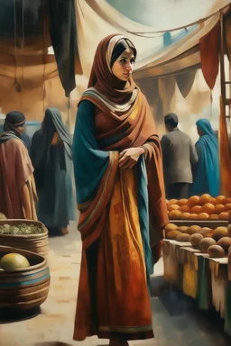 oriental arabic woman standing in market painting