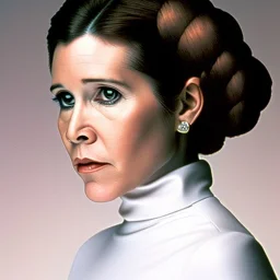 half-length color photo shoot, three-quarter face pose of carrie fisher as Princess Leia with realistic fine and very simple short hair, entrancing deep brown eyes, Intricate, High Detail, Sharp focus, realism, beautiful and detailed lighting, Nikon D850, ef 85mm 5.6 by Annie Leibovitz