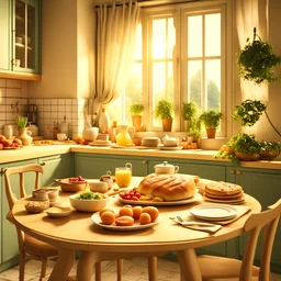 kitchen, table full of food , close up breakfast , realistic, detailed, 4k, breakfast on the round table, interior, italian view, a lot of different food, cozy , soft colors, soft light, wooden table , fridge, stove, kitchen appliances, modern, cupboards, curtains, round windows, plants , boho style