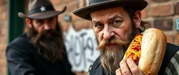 mean looking amish macho mafia thug with hot dog