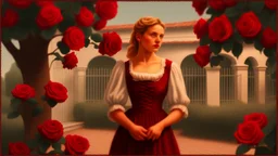 in front back to the camera a dark blonde young woman in old hungarian pale villager clochts stands in front of the nice red rose bush, und dark red running roses around, detalied, sharp focus, high realistic