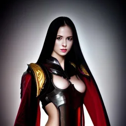 Ultra realistic, beautiful woman, long hair, 6-pack abs, black robe, evil, long nails, dark red and gold leather armour, magic, hung