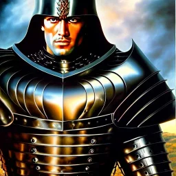 portrait of 'Guts-Berserk',ancient metal armor,painting by Earl Norem, simon Bisley, evan lee, 86-86, oil on canvas, cinematic composition, extreme detail,fit full head inside picture,8k