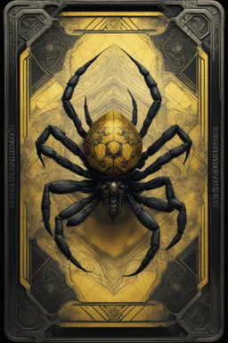 sacred geometry framed playing card, black and yellow death spider dragon crab boss card in the style of Giger and fallout 4 ,,bokeh like f/0.8, tilt-shift lens 8k, high detail, smooth render, down-light, unreal engine