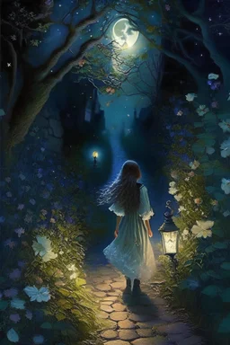 As she walked along the cobblestone path, Lily discovered that the night held a secret enchantment. Moonbeams danced through the leaves, casting ethereal shadows on the ground. The nocturnal creatures serenaded her with their melodic songs, and the scent of wildflowers filled the air.