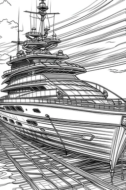 Outline art, no shading, full body yatch, black and white, lno shading, ow detail, --ar 9:11