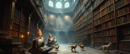 master oil painting by Rembrandt, magia spy gnomes soap opera poster, huge multi level archeive, library, woodland creatures, motion blur, background mist
