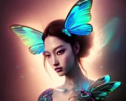 Beautiful mystical butterfly portrait, dark fantasy, romanticism, acrylic paint, chinese painting, magazine, highly detailed, ethereal, otherworldly, backlighting, rays of shimmering light, persian empire, artstation, silver, purple, black, teal, aqua, yellow, olive, vibrant, intricate,