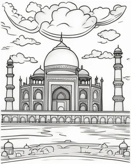 a coloring book, coloring page, depicting the Taj Mahal, cartoon style