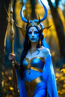 A picture of a beautiful blue faced indian goddess with skin painted blue, blue painted body, blue painted torso, wild black hair, stag antlers, elven ears, golden skirt, holding a staff in a sunny forrest