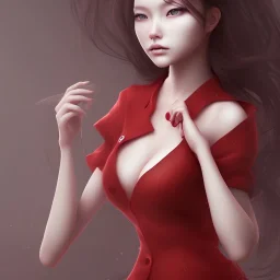 Mulher japonesa hitomi Tanaka, vestido vermelho, rosto muito detalhado, rosto realista, perfil, realista, efeito névoa, particulas