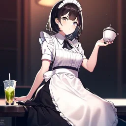 anime girl, holding a large tea cup that is overflowing, sitting in a diner, waitress is filling her cup