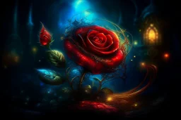 Alexander Jansson || CLOSE UP OF Breathtaking, Gorgeous, Glowing Bioluminescent Red Rose Flower, AT NIGHT, Golden Magic, Gorgeous, Intricate, Extremely Detailed, Beautiful”