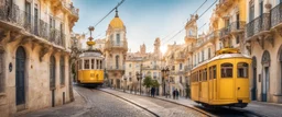 lisbon city view with famous yellow tram in gaudi style