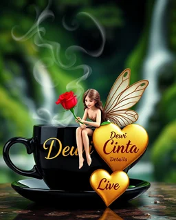 photorealism surrealistic image of a big black shiny coffee cup with steam, a beautiful fairy sitting near the cup and holding a red rose,and details the text 'Dewi Cinta ' in a trendy font. Add a golden heart with the word details "Dewi Cinta " written on it to enhance the love atmosphere. lush blurred background green waterfall greenery, ultra HD 64k studio hyperrealism lightning light reflection macro photography sharp focus