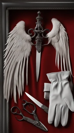 White clipped wings on a red fabric, next to scissors and black leather gloves. Cinematic image