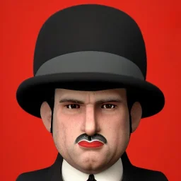 A portrait of a 1930s Italian-American businessman in his late 20s with a black bowler hat and a suit. He is obese and has black hair