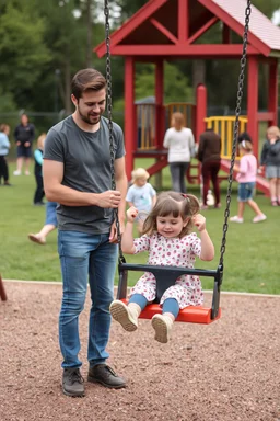 a small skinny 40 year old dad in the playground with his young 3 year old daughter playing on the swing but the dad is distracted by all the other kids curvy mums . there are many kids playing on the playground