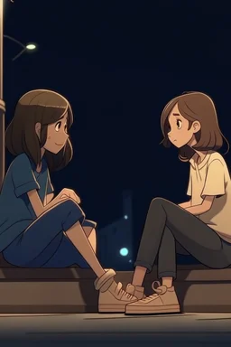 2D animasyon gece oturmuş birbirleri ile sohbet eden 2 kız kısa saçlı ve daha güzel kıyafetler