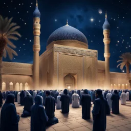 Hyper Realistic Photographic-View of people praying outside Masjid E Nabwi At Beautiful Night with dark-blue-&-black-sky-with-stars showing dramatic & cinematic ambiance