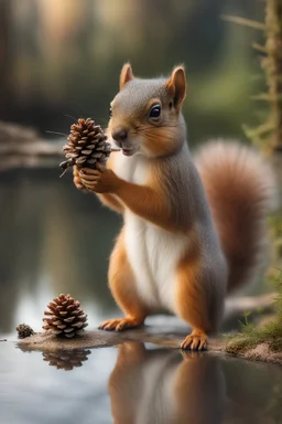 One single squirrel at a pond. The squirrel is holding a pine cone in his paws. close-up. extremely detailed, extremely realistic, close to nature